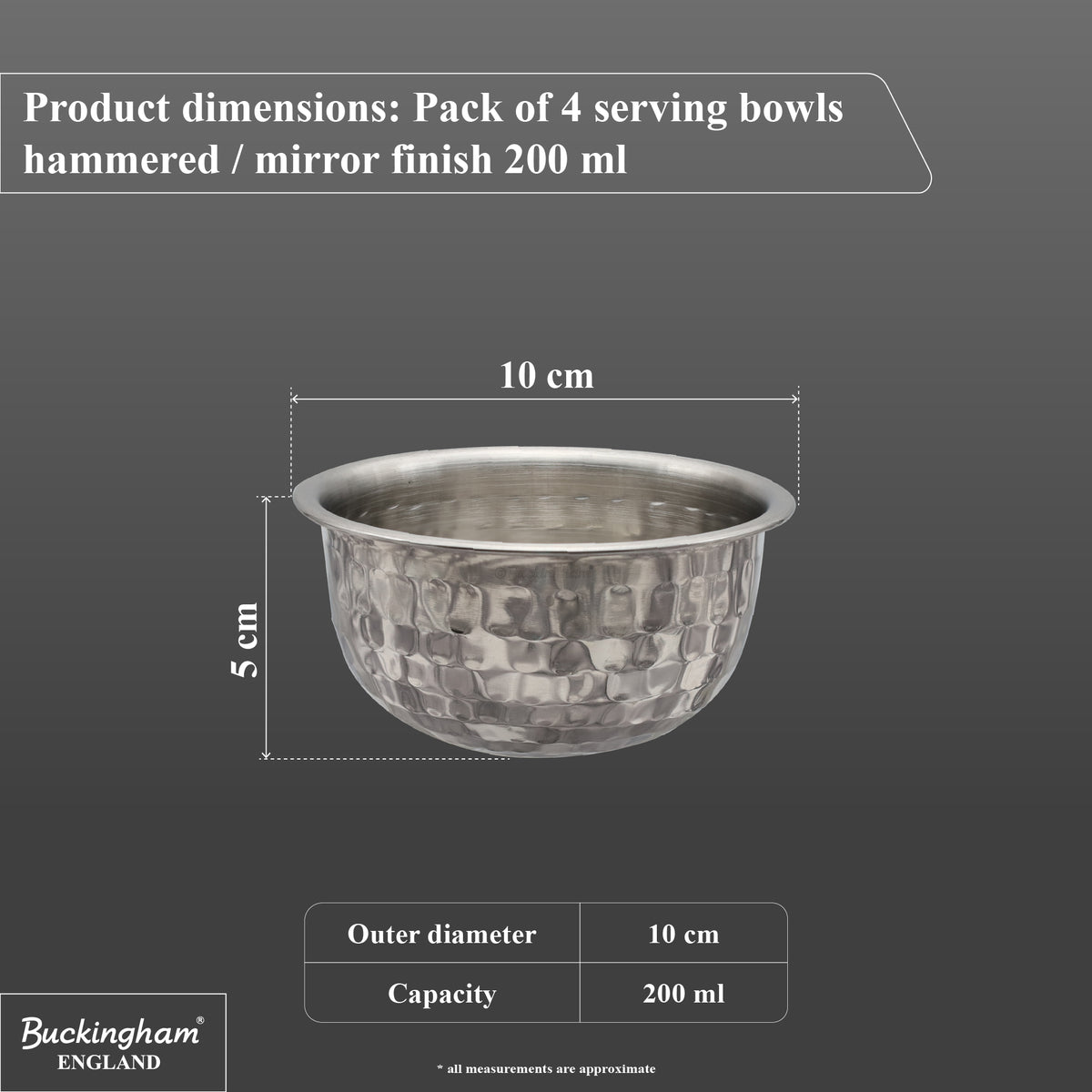 Buckingham Stainless Steel Pack of 4 Mini Serving Bowls Hammered Effect 0.2 L 10 cm