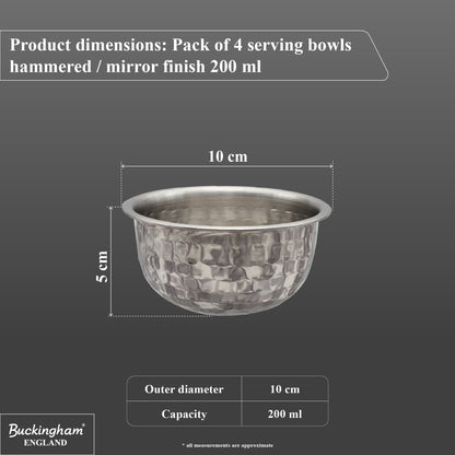 Buckingham Stainless Steel Pack of 4 Mini Serving Bowls Hammered Effect 0.2 L 10 cm