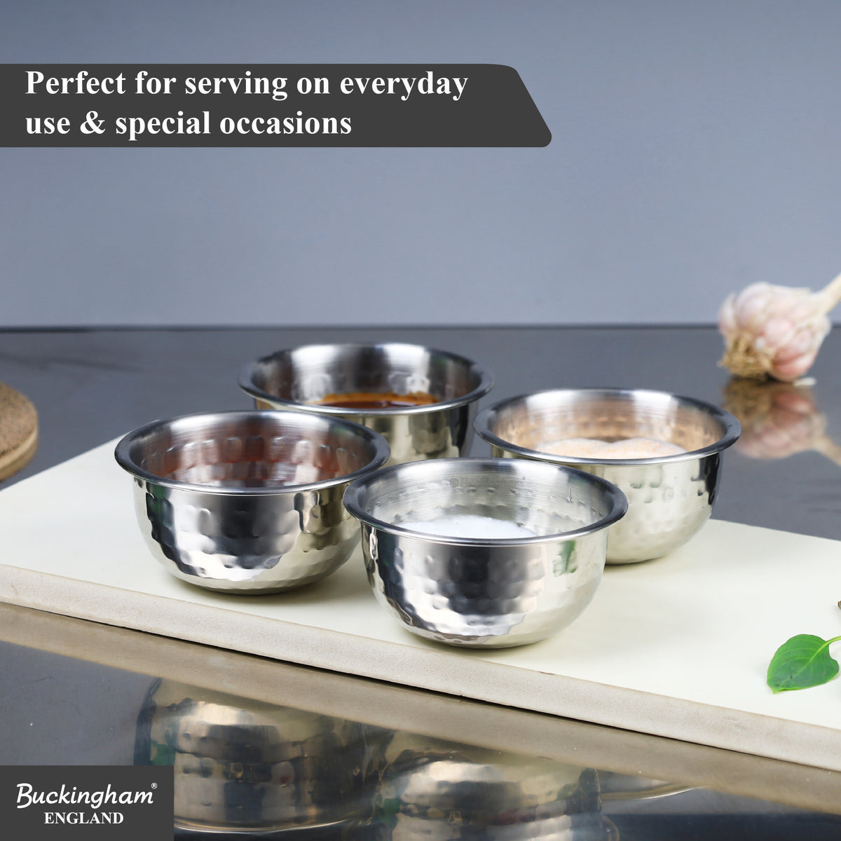 Buckingham Stainless Steel Pack of 4 Mini Serving Bowls Hammered Effect 0.2 L 10 cm