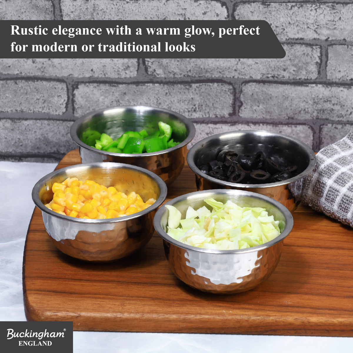 Buckingham Stainless Steel Pack of 4 Mini Serving Bowls Hammered Effect 0.2 L 10 cm