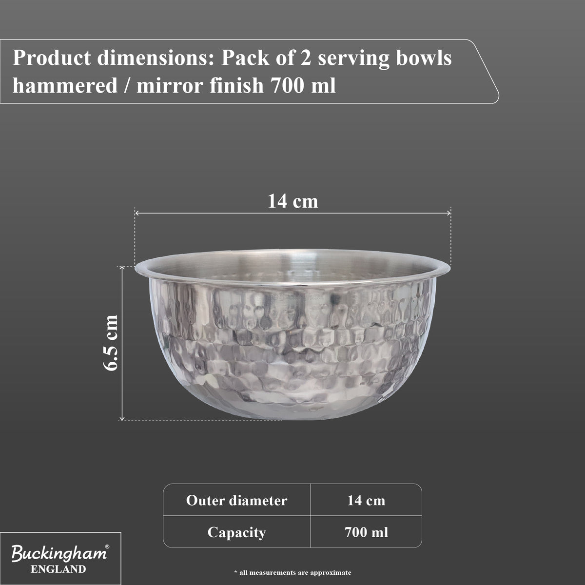 Buckingham Pack of 2 Salad Mixing Bowls Stainless Steel Bowls with Hammered Effect 0.7 L 14 cm