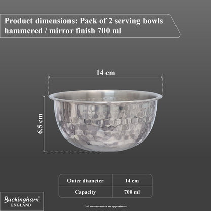 Buckingham Pack of 2 Salad Mixing Bowls Stainless Steel Bowls with Hammered Effect 0.7 L 14 cm