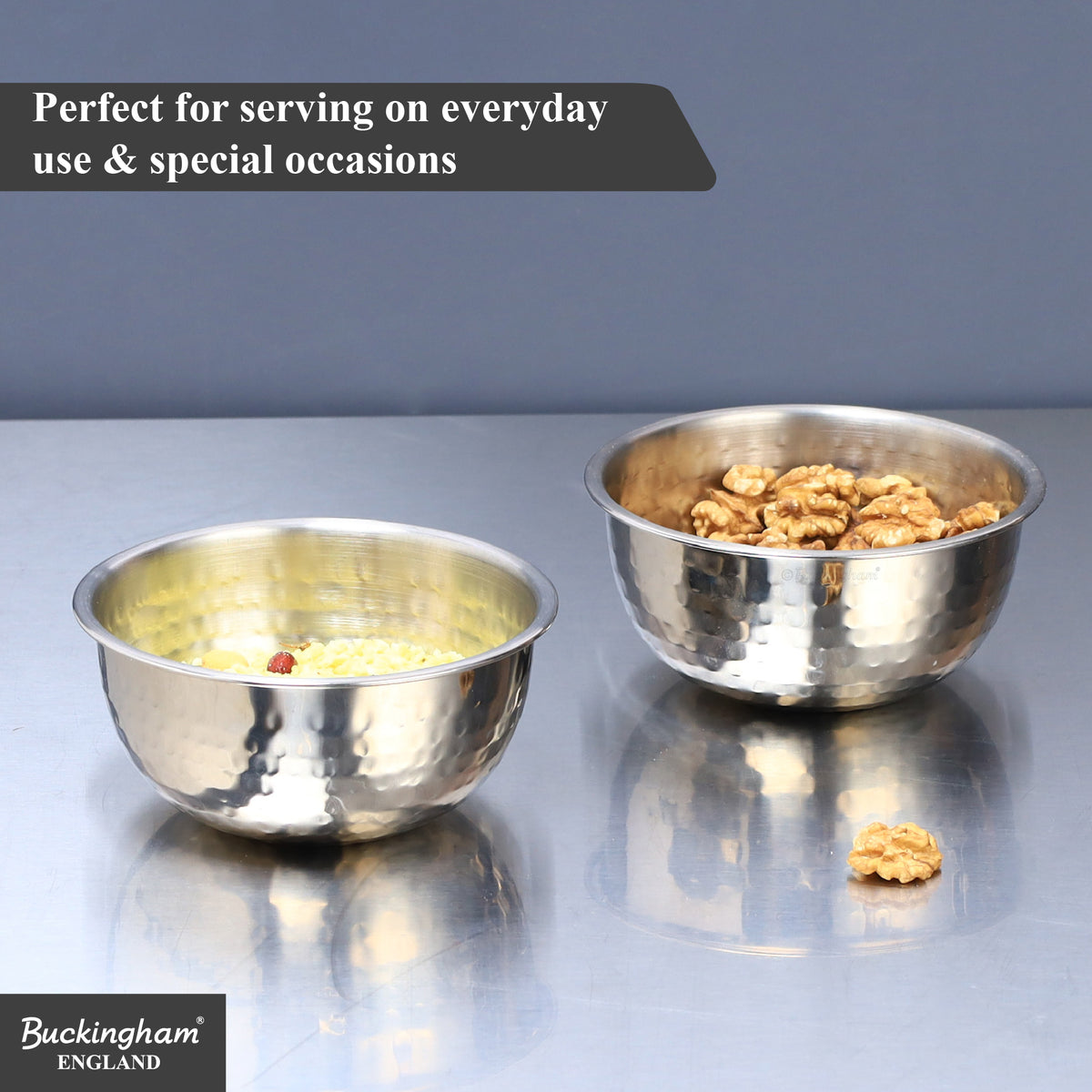 Buckingham Pack of 2 Salad Mixing Bowls Stainless Steel Bowls with Hammered Effect 0.7 L 14 cm