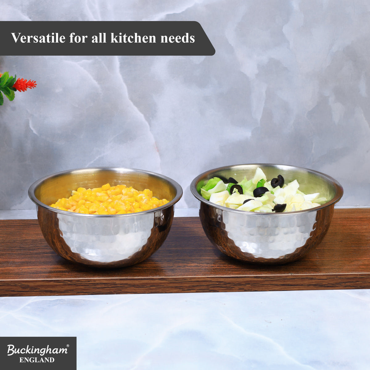 Buckingham Pack of 2 Salad Mixing Bowls Stainless Steel Bowls with Hammered Effect 0.7 L 14 cm