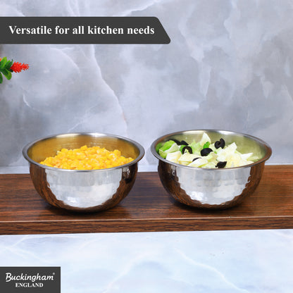 Buckingham Pack of 2 Salad Mixing Bowls Stainless Steel Bowls with Hammered Effect 0.7 L 14 cm