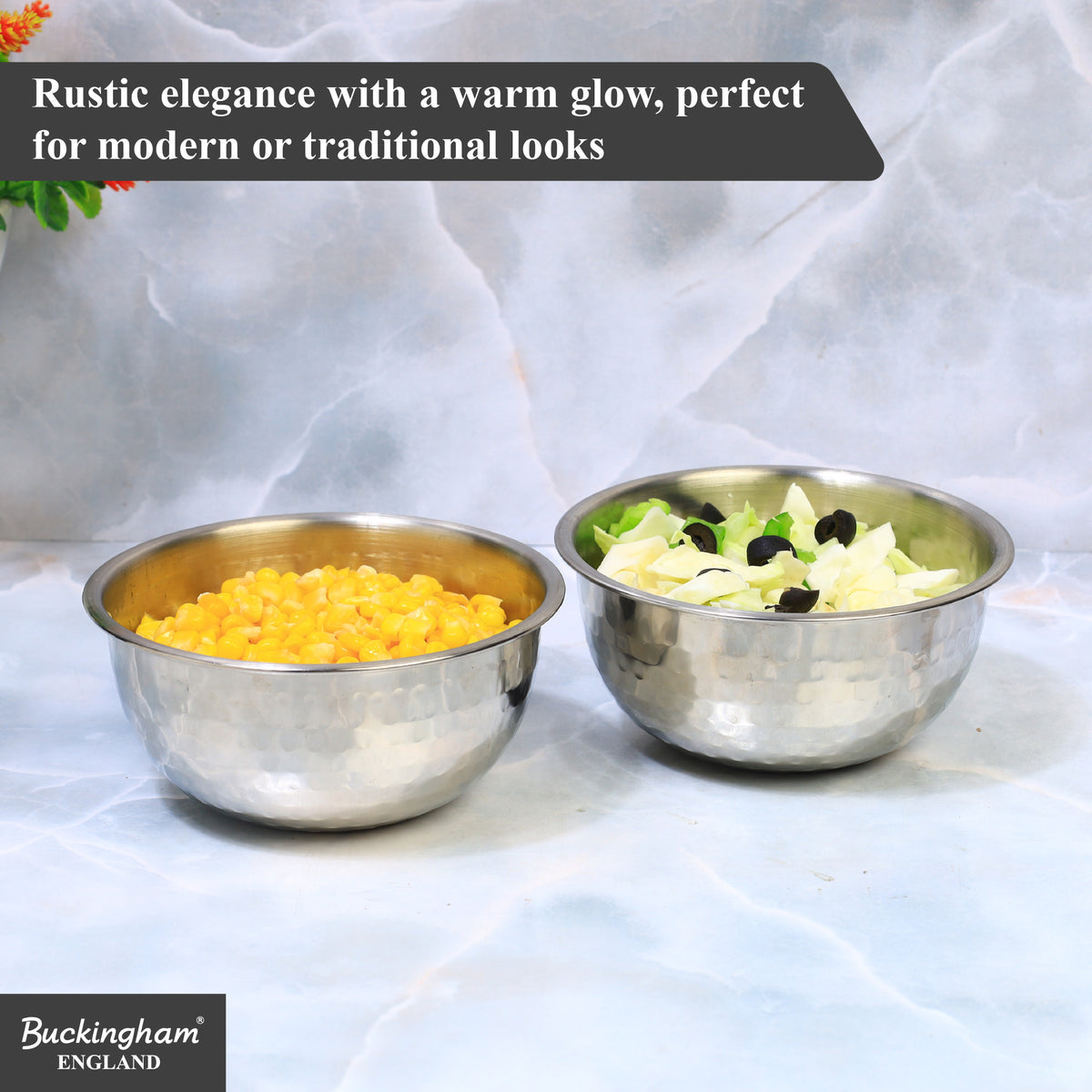 Buckingham Pack of 2 Salad Mixing Bowls Stainless Steel Bowls with Hammered Effect 0.7 L 14 cm