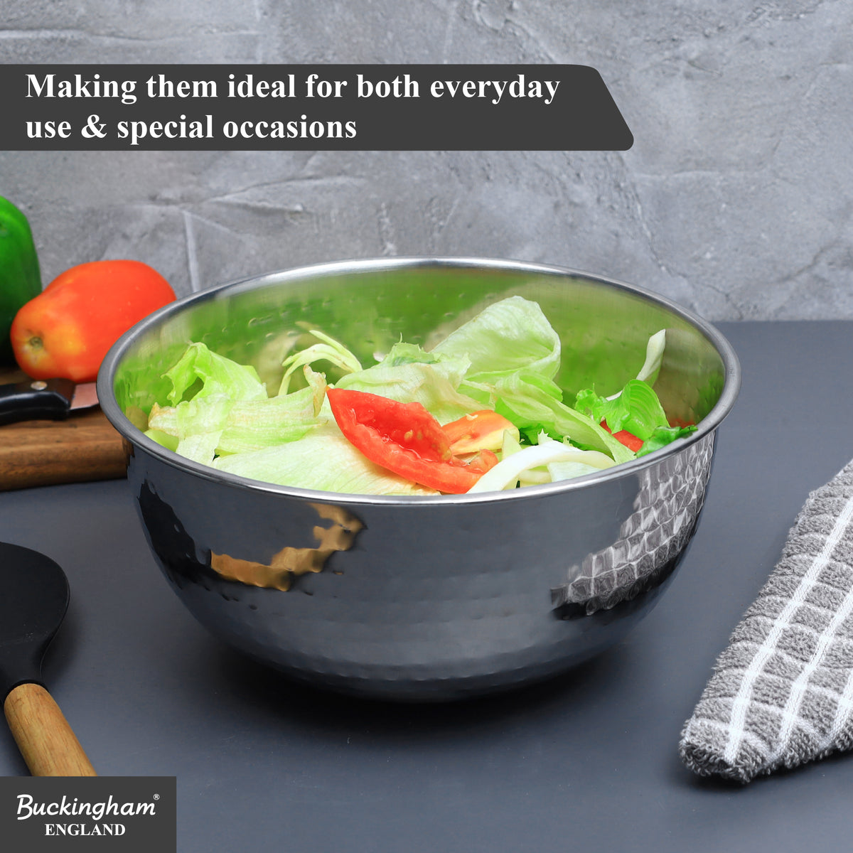 Buckingham Stainless Steel Salad Mixing Bowl Hammered Effect Finish