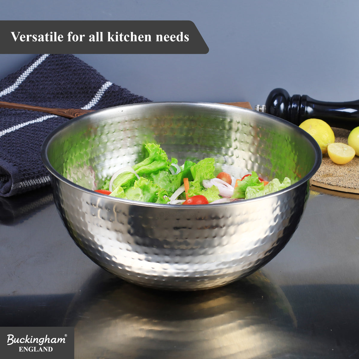 Buckingham Stainless Steel Salad Mixing Bowl Hammered Effect Finish