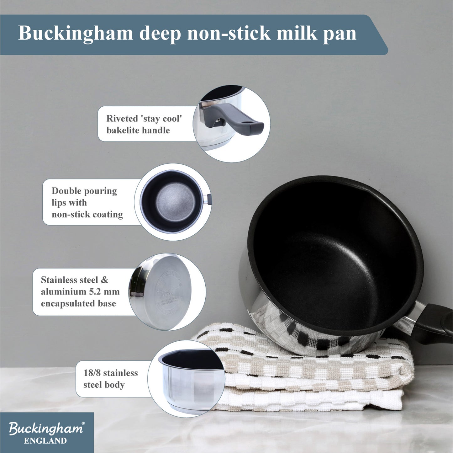 Buckingham Stainless Steel 5 Piece Pan Set Glass Lid with Bakelite Handle