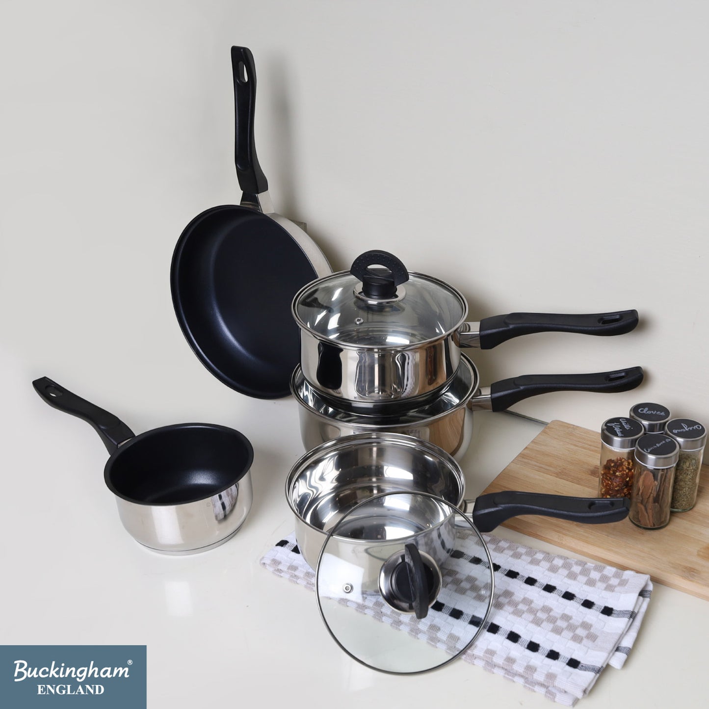 Buckingham Stainless Steel 5 Piece Pan Set Glass Lid with Bakelite Handle