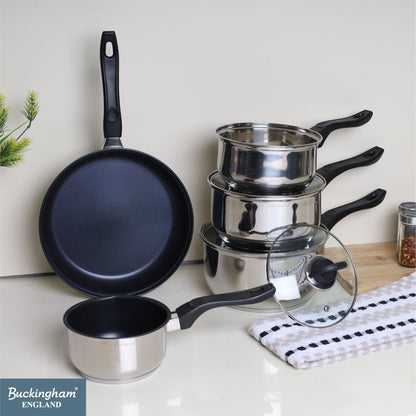 Buckingham Stainless Steel 5 Piece Pan Set Glass Lid with Bakelite Handle