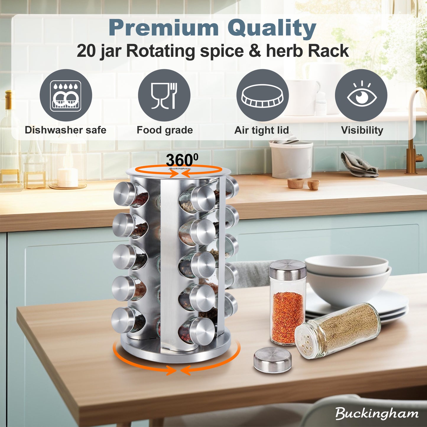 Buckingham 30920 Stainless Steel Rotating Rack Including Glass, Carousel Organizer for Kitchen Spices and Herbs (12 Jars)