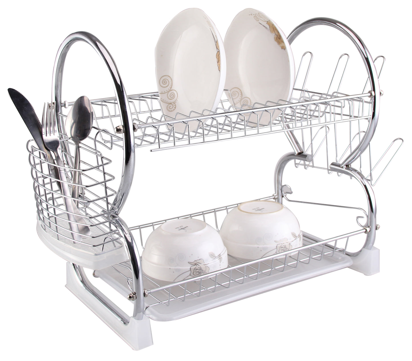 Buckingham Deluxe 2-Tier Dish Drainer Cup Glasses Crockery Cutlery Utensil Drainer with Drip Removable Tray, Chrome Plated