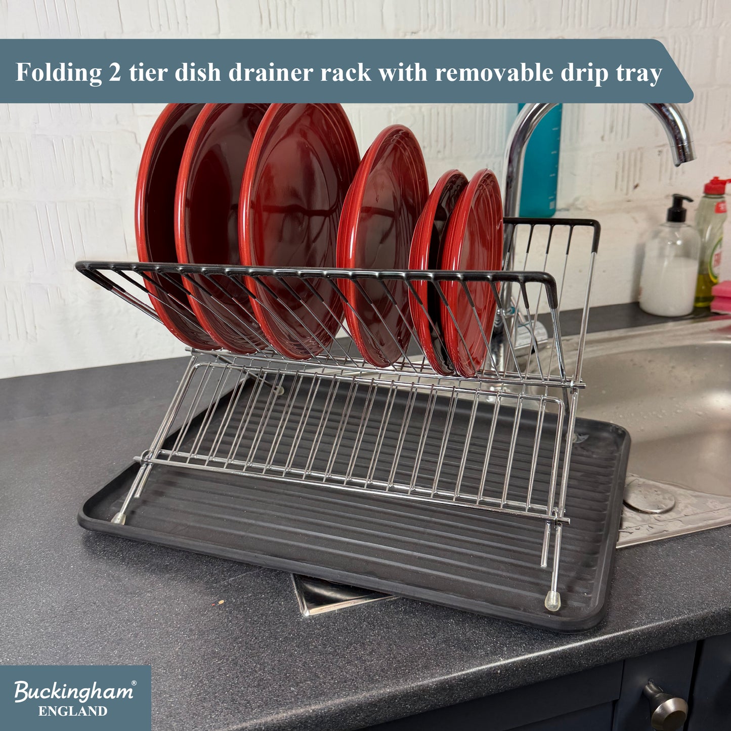 Buckingham Folding 2 Tier Dish Drying Rack with Removable Drip Tray