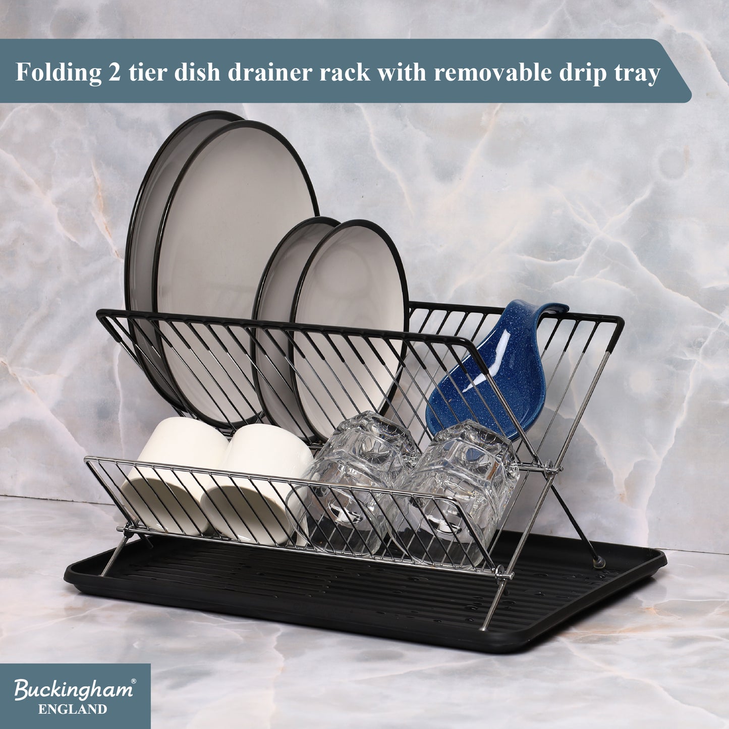 Buckingham Folding 2 Tier Dish Drying Rack with Removable Drip Tray