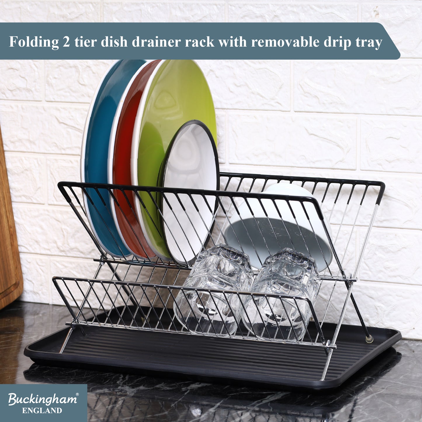 Buckingham Folding 2 Tier Dish Drying Rack with Removable Drip Tray