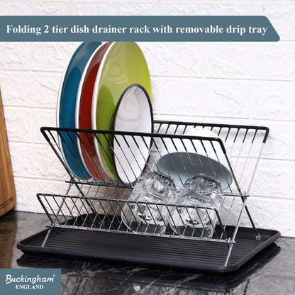 Buckingham Folding 2 Tier Dish Drying Rack with Removable Drip Tray