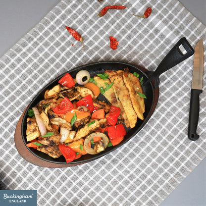 Buckingham Cast Iron Sizzling Dish Steak Platter with wooden base