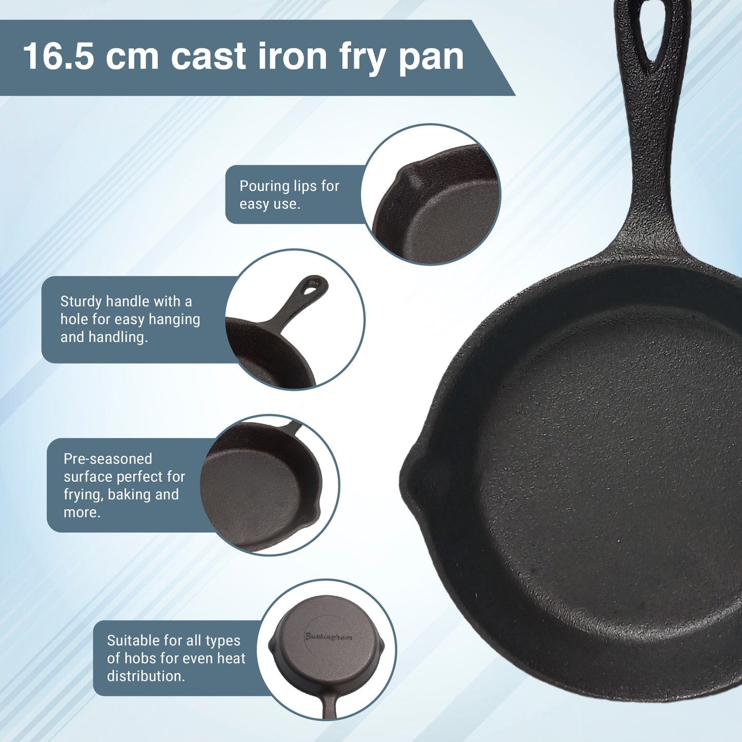 Buckingham Pre-Seasoned Cast Iron Skillet, Frying Pan for Healthy Cooking-Premium Quality Black 16.5 cm