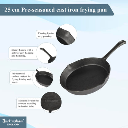 Buckingham Pre-Seasoned Cast Iron Frying Pan 25 cm.