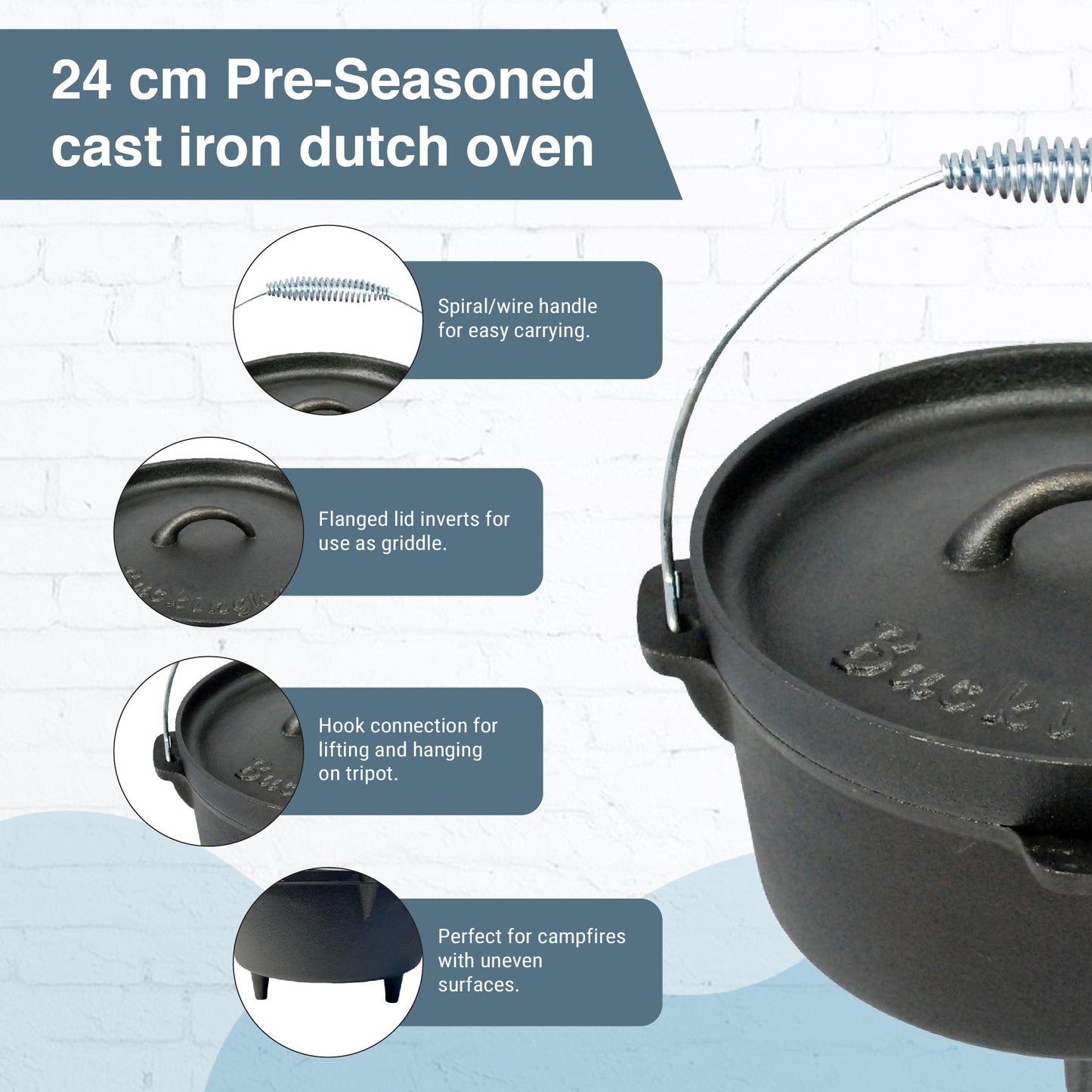 Buckingham Pre-Seasoned Cast-Iron Camp Dutch Oven 4 Litre, Black.