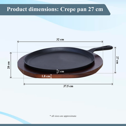 Buckingham Pre-Seasoned Cast Iron Crepe Pan With Wooden Base 27 cm