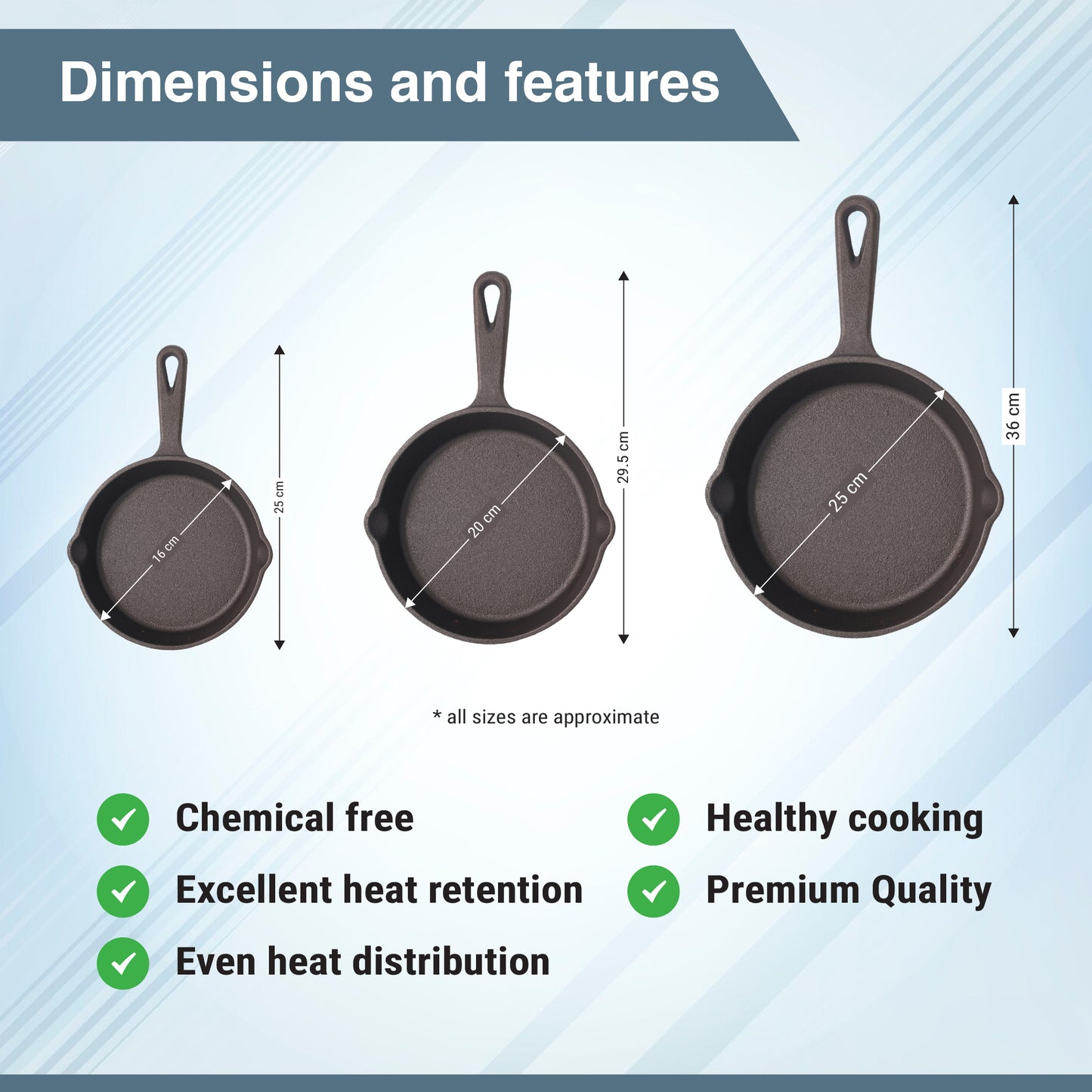 Buckingham Cast Iron Pre-Seasoned Set of 3 Frying Pan/Skillet 16 cm, 20 cm & 25 cm for Safe Cookware Indoor & Outdoor Healthy Cooking - Premium Quality.