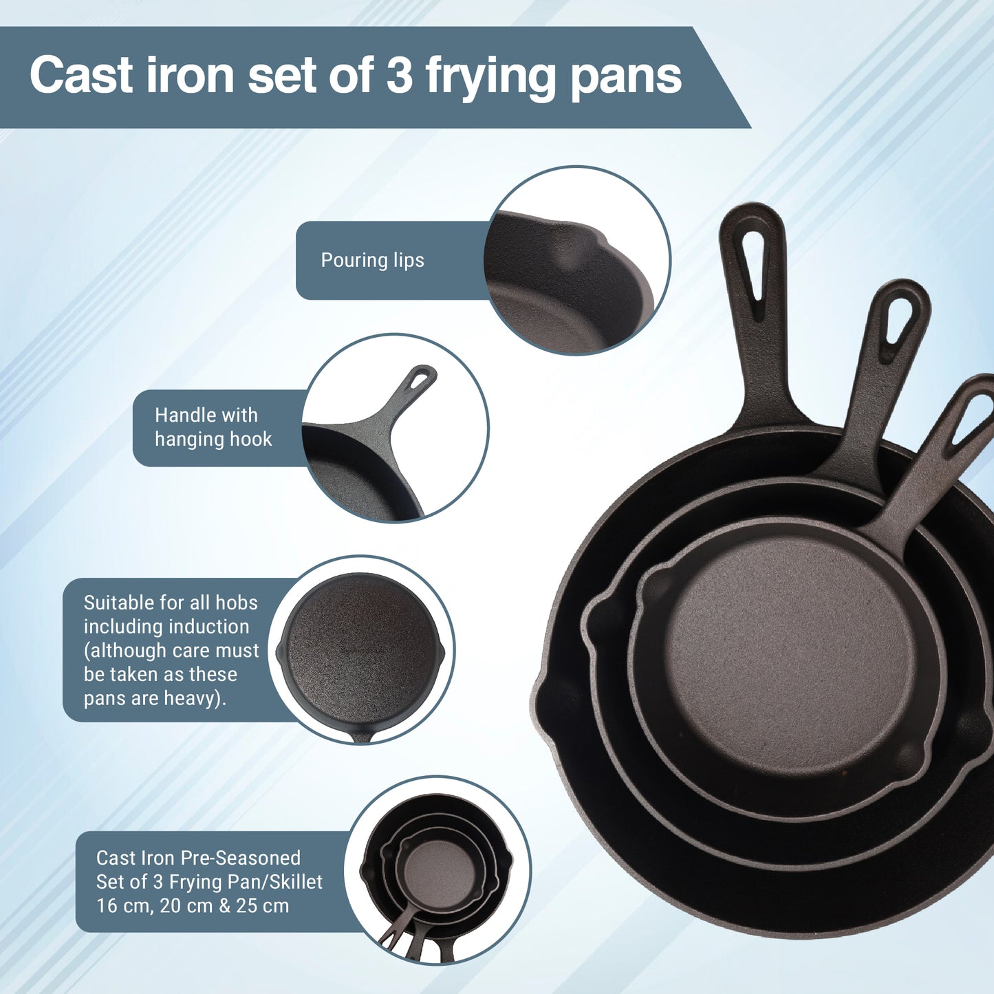 Buckingham Cast Iron Pre-Seasoned Set of 3 Frying Pan/Skillet 16 cm, 20 cm & 25 cm for Safe Cookware Indoor & Outdoor Healthy Cooking - Premium Quality.