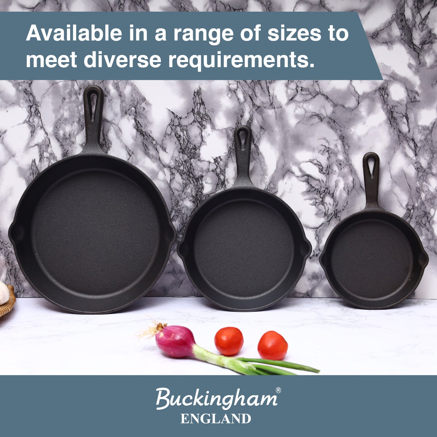 Buckingham Cast Iron Pre-Seasoned Set of 3 Frying Pan/Skillet 16 cm, 20 cm & 25 cm for Safe Cookware Indoor & Outdoor Healthy Cooking - Premium Quality.