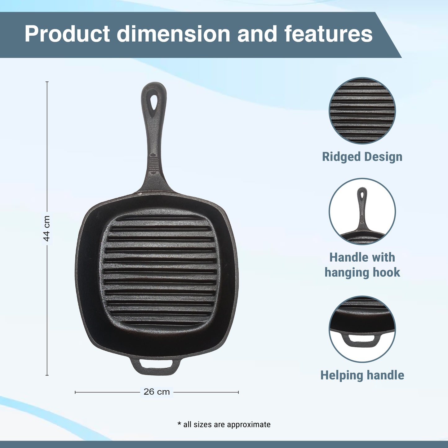 Buckingham Pre-Seasoned Cast Iron Square Grill Pan, Black measuring 26.5cm x 26.5cm.