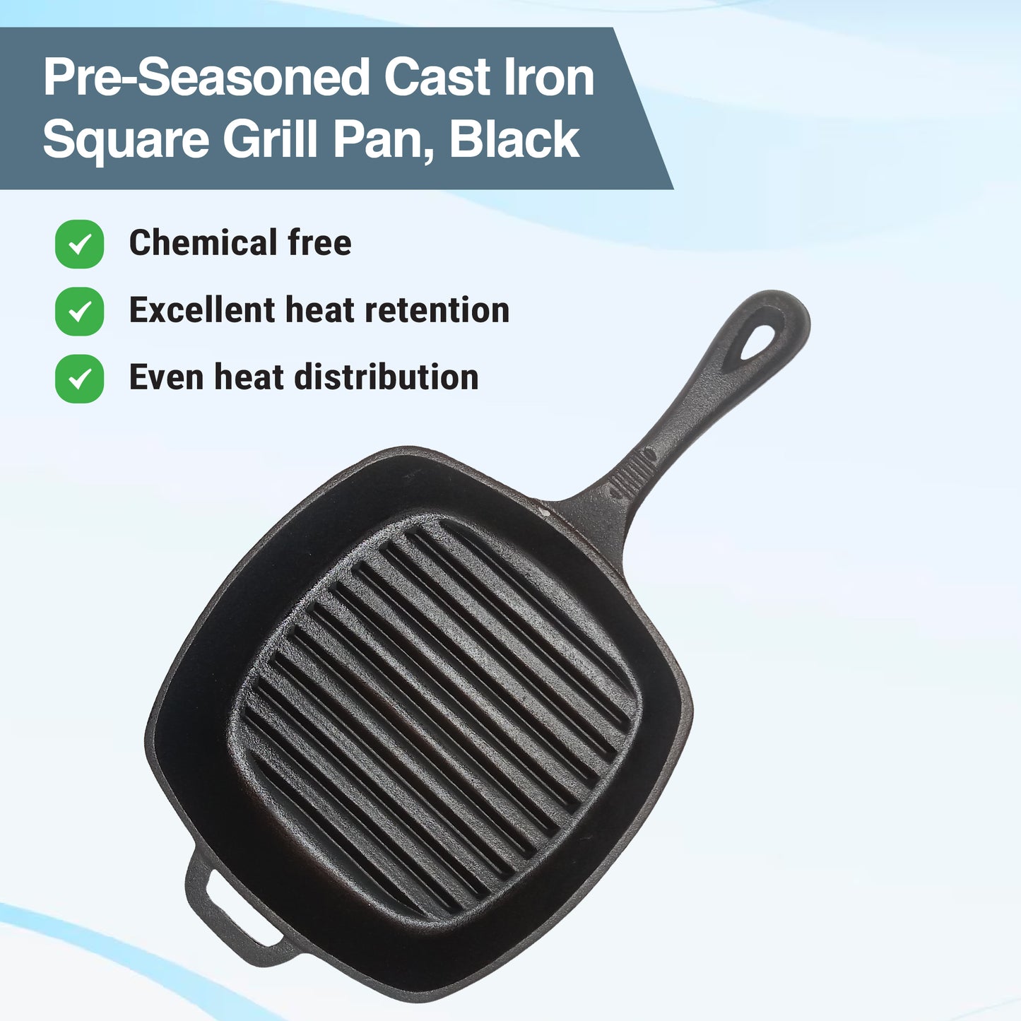 Buckingham Pre-Seasoned Cast Iron Square Grill Pan, Black measuring 26.5cm x 26.5cm.