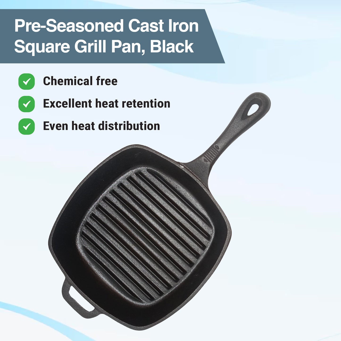 Buckingham Pre-Seasoned Cast Iron Square Grill Pan, Black measuring 24cm x 24cm.