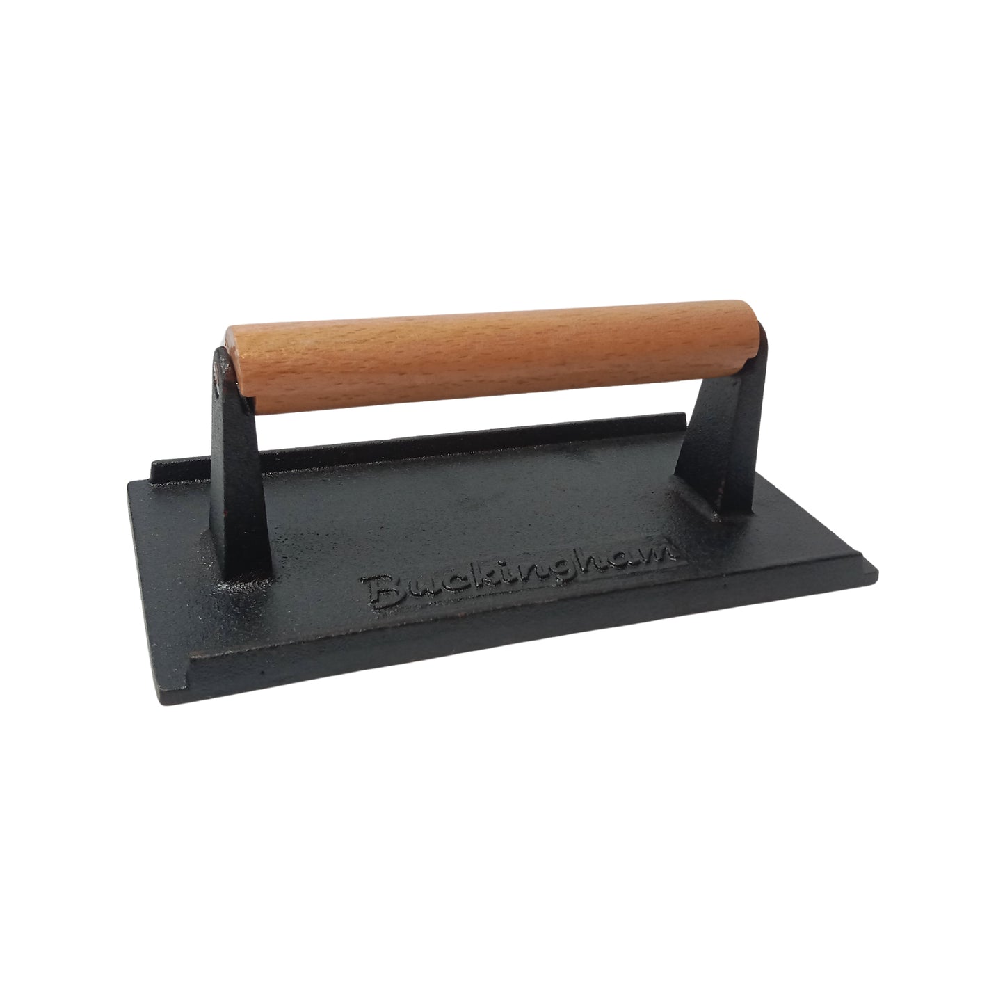 Buckingham Pre-seasoned Cast Iron Steak Press, Perfect for flattening and smashing the burger, steaks, bacon. Available in 21 cm (L) x 10 cm (W) x 6 cm (H).