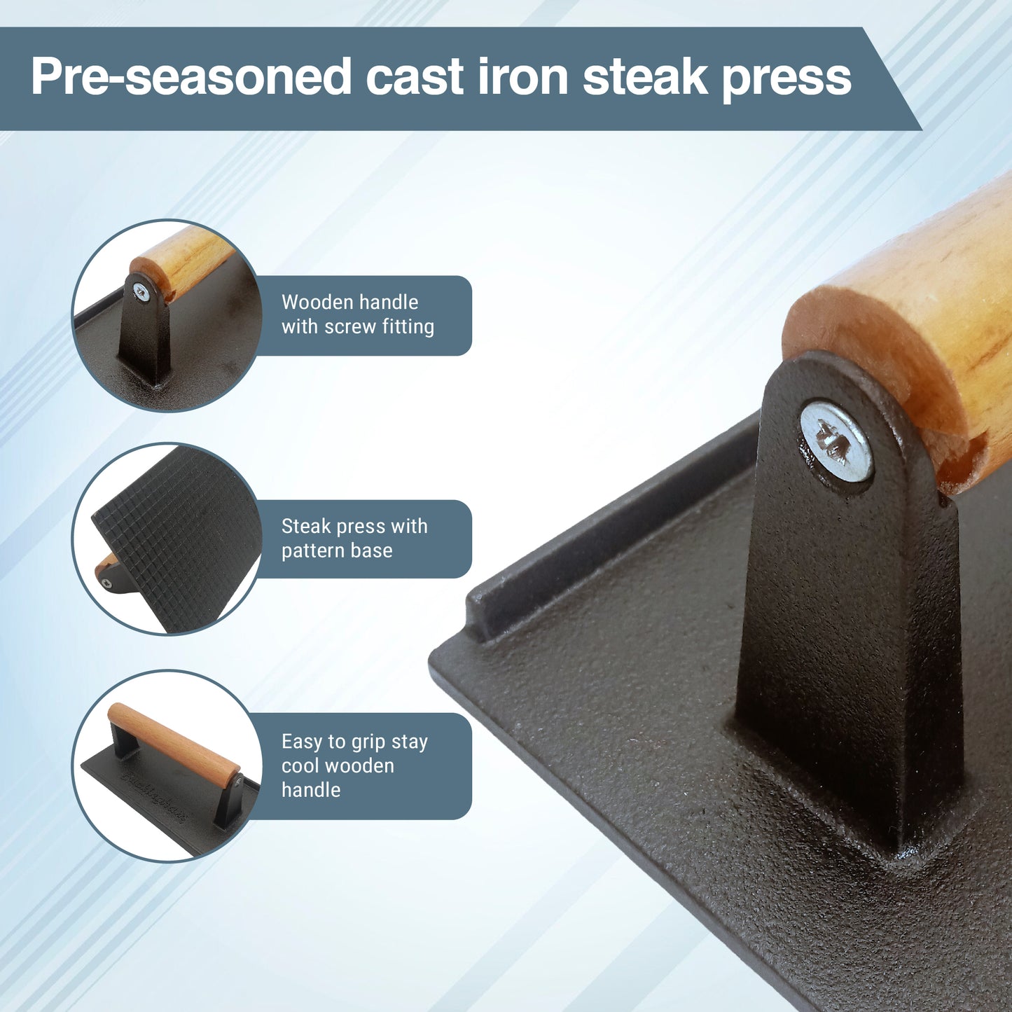 Buckingham Pre-seasoned Cast Iron Steak Press, Perfect for flattening and smashing the burger, steaks, bacon. Available in 21 cm (L) x 10 cm (W) x 6 cm (H).