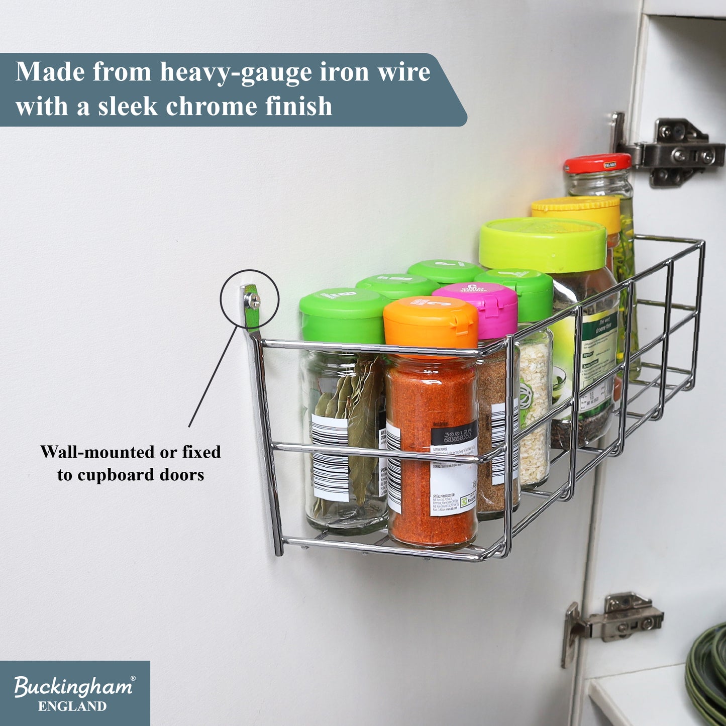 Buckingham 1 Tier Spice Jar Organiser Chrome Rack Wall
