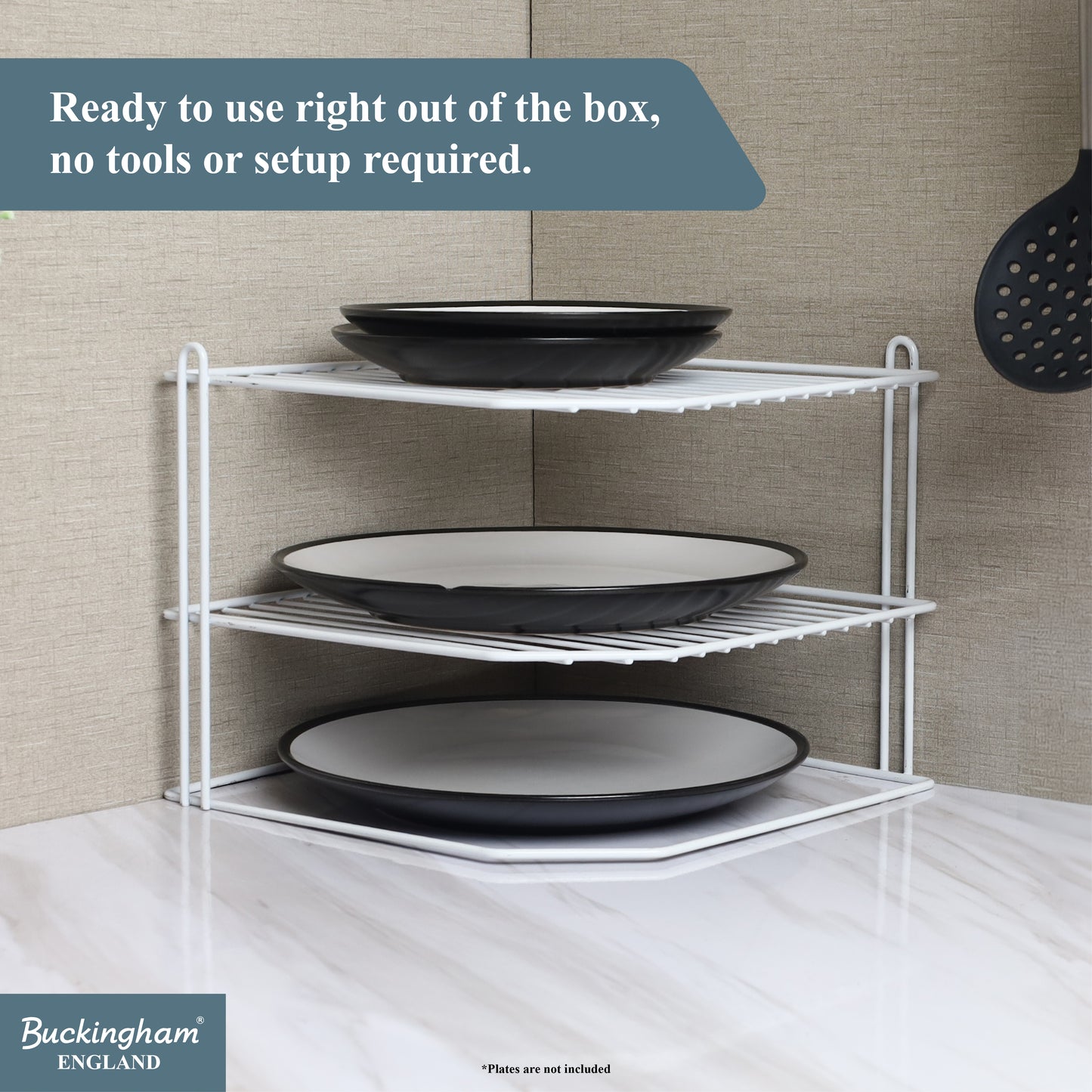 Buckingham 3 Tier Corner Shelf Plate Rack White Chrome and Black 23 cm