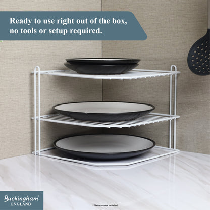 Buckingham 3 Tier Corner Shelf Plate Rack White Chrome and Black 23 cm