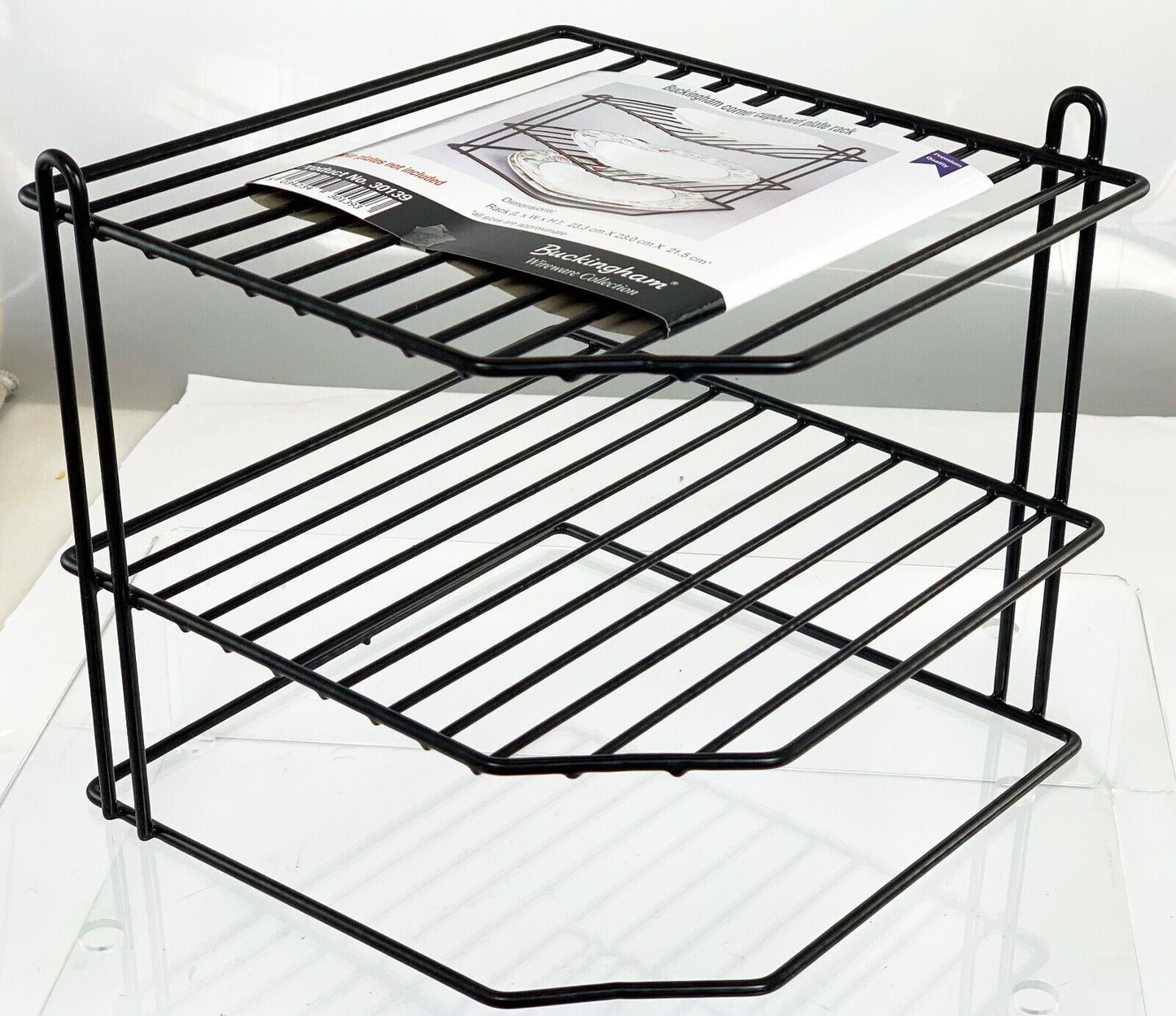 Buckingham 3 Tier Corner Plate Kitchen Cupboard Organiser Tidy Storage Rack 23cm , White and black