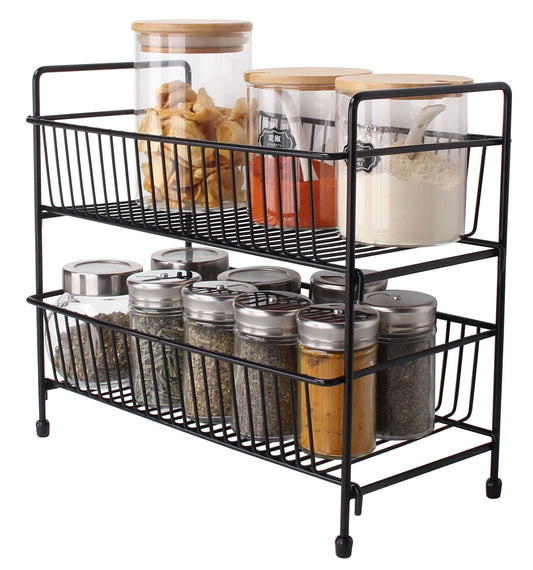 Buckingham Free Standing Two Tier Multi-Purpose Jar Spice Organiser Storage Rack , Black