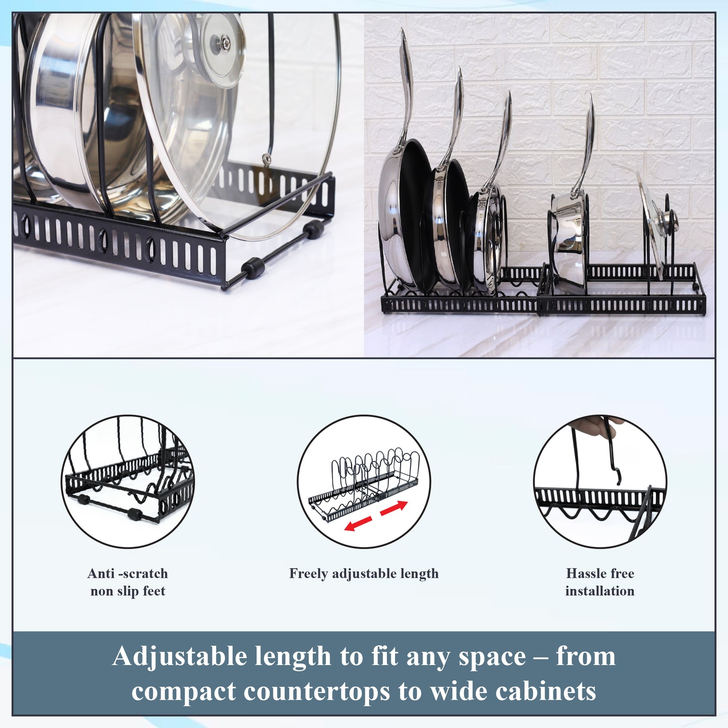 Buckingham Pot Lid Organizer Rack Adjustable 8-Divider Storage Black Metal