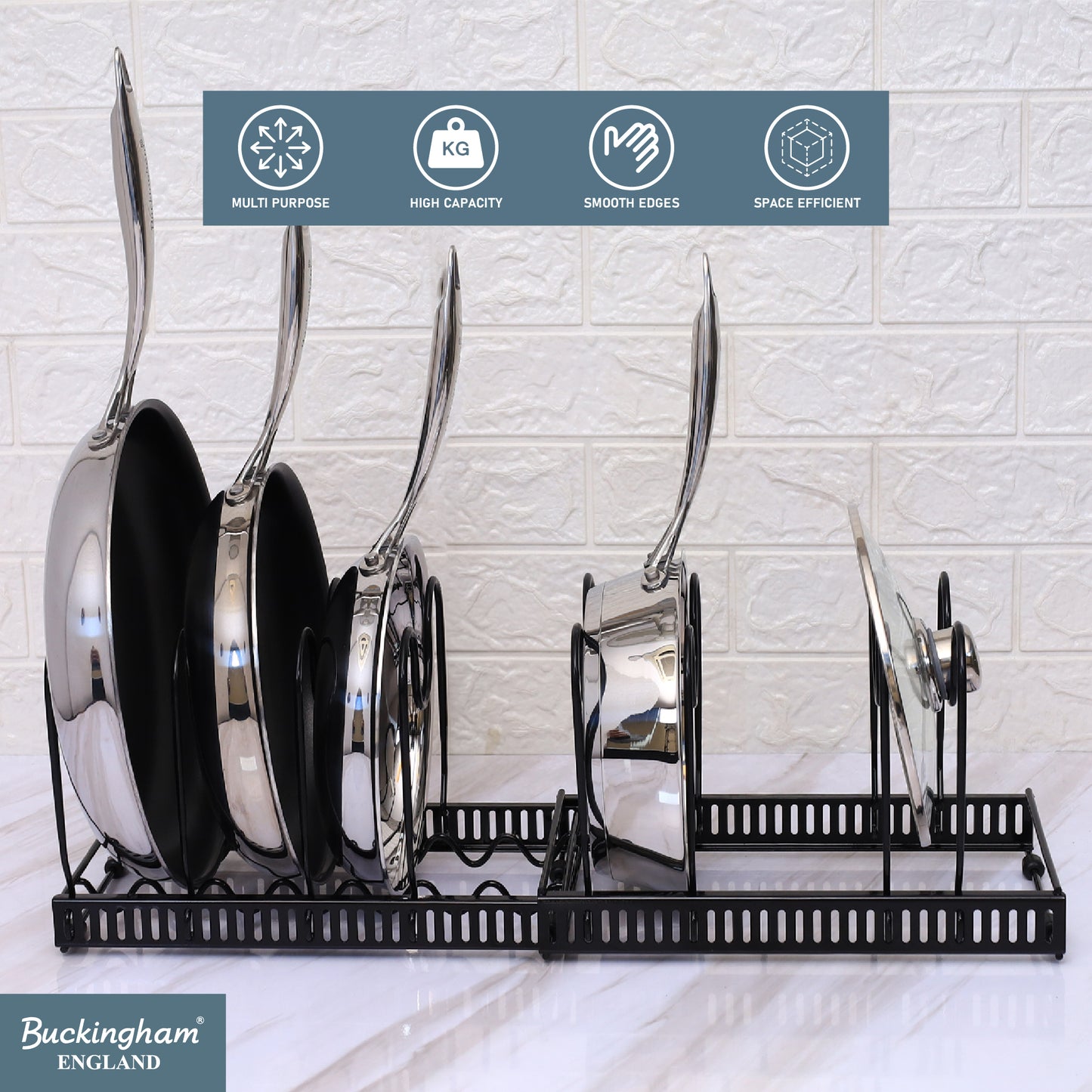 Buckingham Pot Lid Organizer Rack Adjustable 8-Divider Storage Black Metal