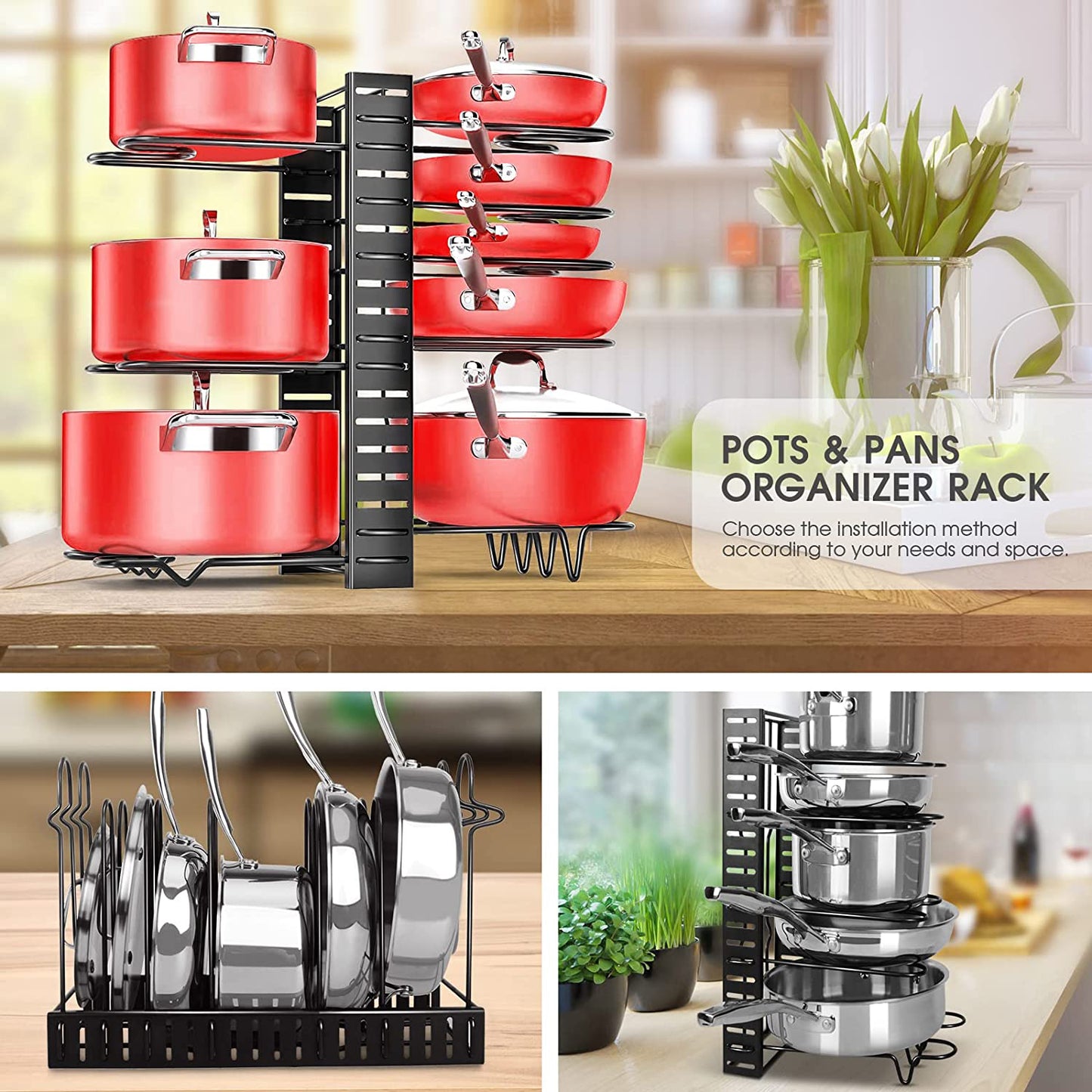 Buckingham  Multi Function Organiser Rack, Adjustable Sections for use in Pantry Cabinet Cupboard Worktop, Black (Upright Pot & Pan Stand), Metal