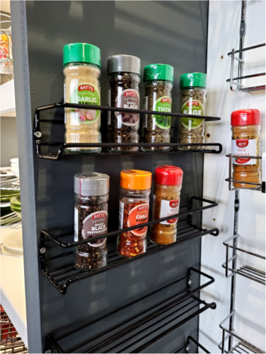 Buckingham Tier Black Spice Racks Organiser Cupboard Wall Mounted with Adhesive Stickers & Screws - Kitchen & Pantry Shelf for Spices and Condiments, Spice Jars