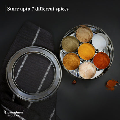 Buckingham Stainless Steel Masala Dabba Spice Box Set with 7 Inner Cups 1 Spoon