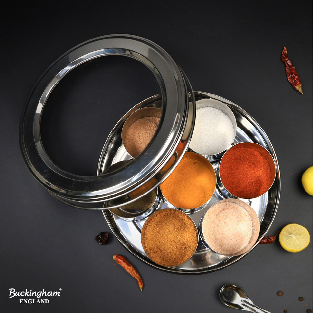 Buckingham Stainless Steel Masala Dabba Spice Box Set with 7 Inner Cups 1 Spoon