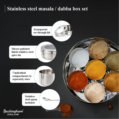 Buckingham Stainless Steel Masala Dabba Spice Box Set with 7 Inner Cups 1 Spoon