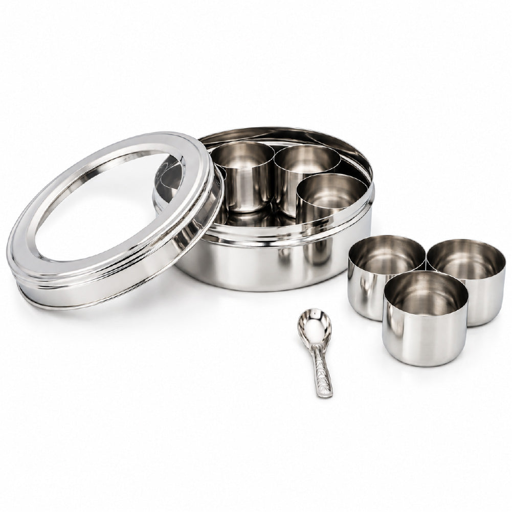 Buckingham Stainless Steel Masala Dabba Spice Box Set with 7 Inner Cups 1 Spoon
