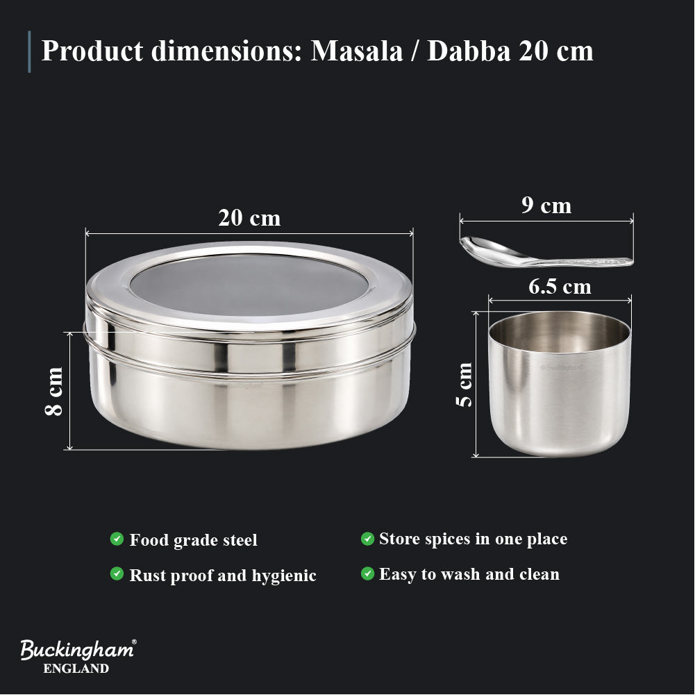 Buckingham Stainless Steel Masala Dabba Spice Box Set with 7 Inner Cups 1 Spoon