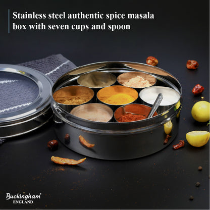 Buckingham Stainless Steel Masala Dabba Spice Box Set with 7 Inner Cups 1 Spoon