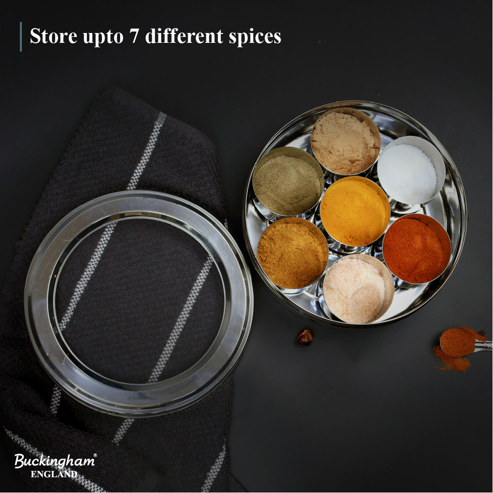 Buckingham Stainless Steel Masala Dabba Spice Box Set with 7 Inner Cups 1 Spoon